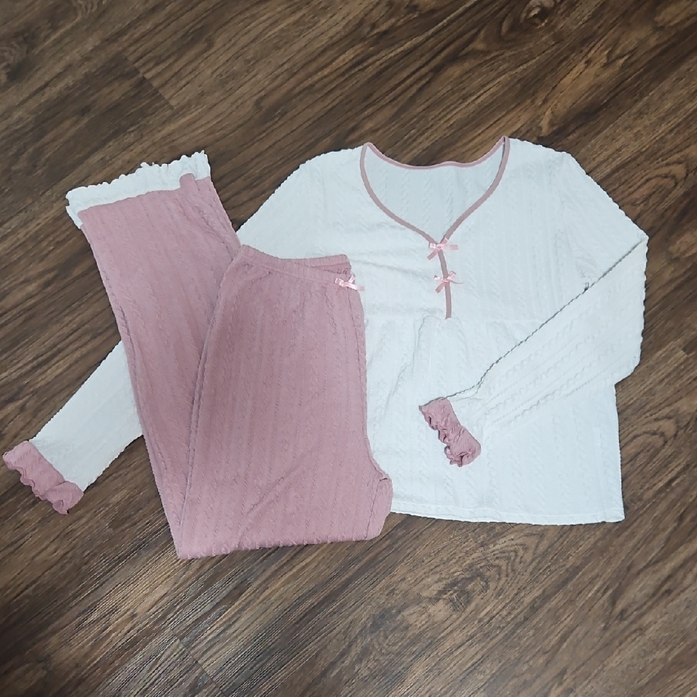 Joie Textured Pajama Set-White Top & Pink Pants, Size L